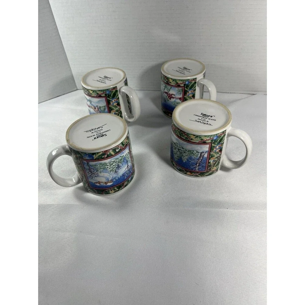 Vintage Sakura Christmas Scene Mugs by Sue Zipkin – Set of 4 (1995)